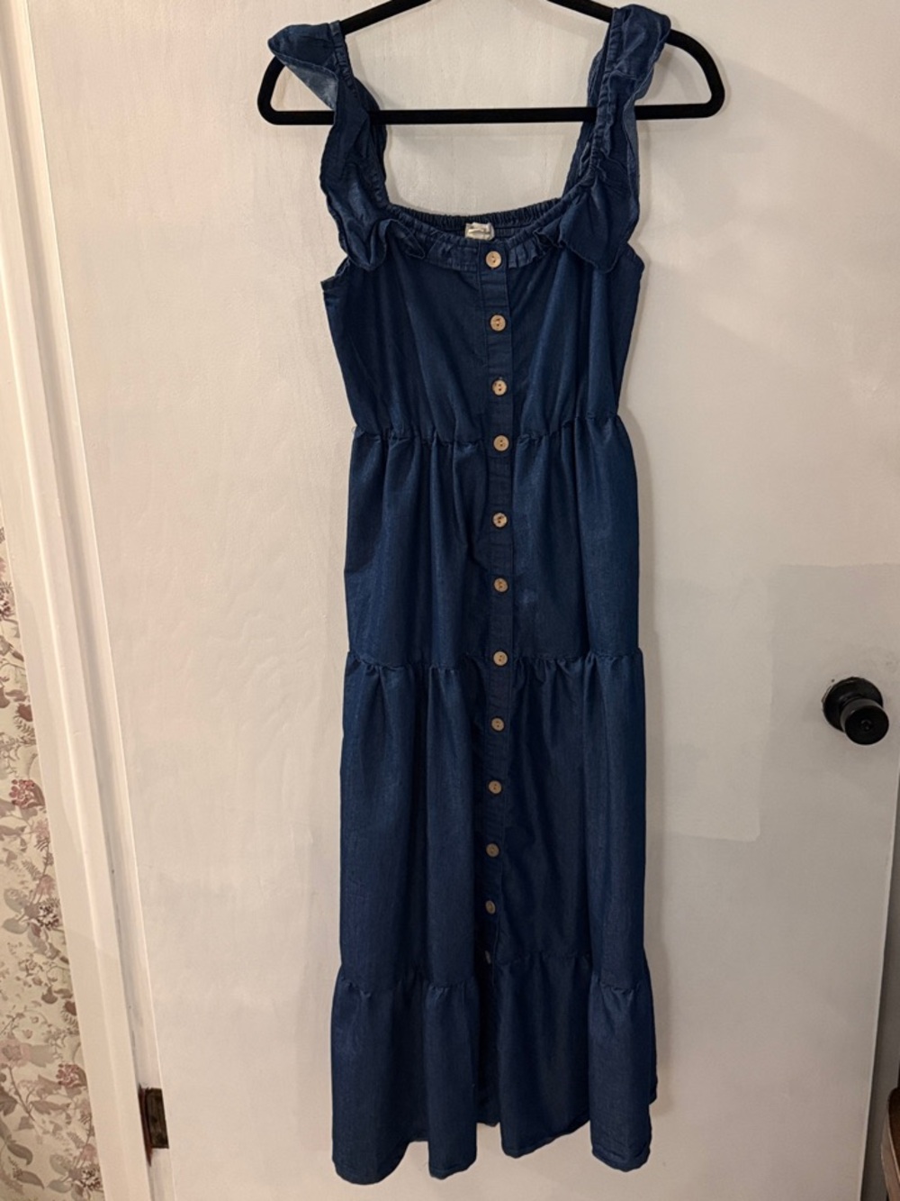 Sleeveless Button-Front Maxi Dress in Denim Blue w/ real buttons